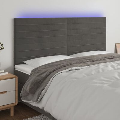 vidaXL gultas galvgalis ar LED, 200x5x118/128 cm, tumši pelēks samts