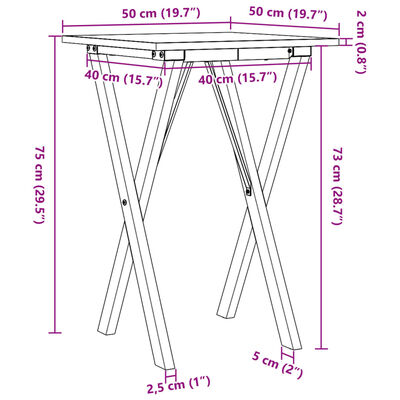 vidaXL virtuves galds, X-rāmis, 50x50x75 cm, priedes koks, čuguns