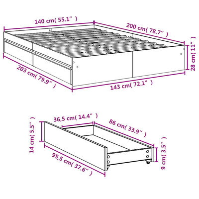 vidaXL gultas rāmis ar atvilktnēm, ozola, 140x200cm, inženierijas koks