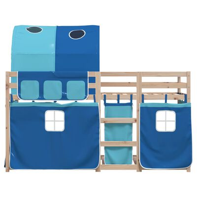 vidaXL bērnu gulta ar aizkariem, zila, 90x190 cm, priedes masīvkoks