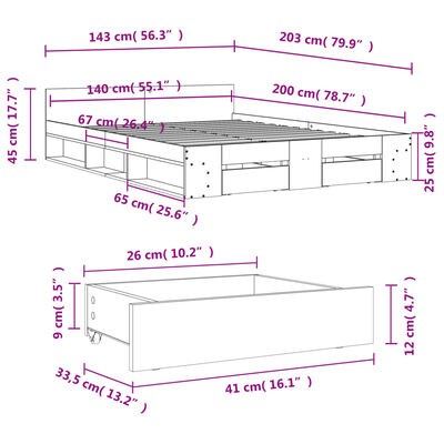 vidaXL gultas rāmis ar atvilktnēm, ozola, 140x200cm, inženierijas koks