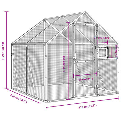 vidaXL putnu māja, sudraba krāsa, 1,79x2x1,85 m, alumīnijs