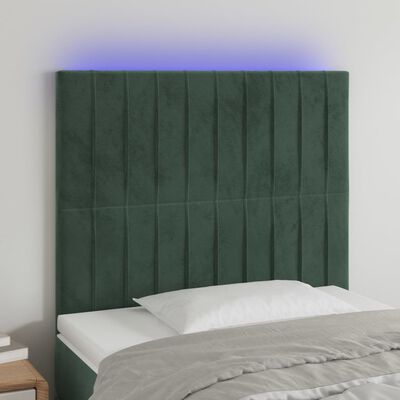 vidaXL gultas galvgalis ar LED, 100x5x118/128 cm, tumši zaļš samts