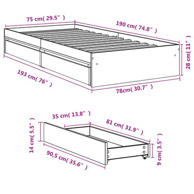 vidaXL gultas rāmis ar atvilktnēm, ozolkoka krāsā, 75x190 cm