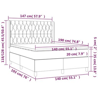 vidaXL atsperu gulta ar matraci, LED, gaiši pelēks audums, 140x190 cm