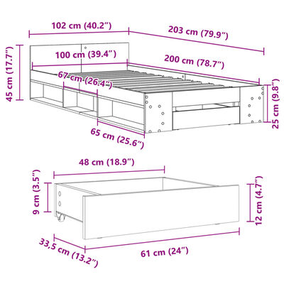 vidaXL gultas rāmis ar atvilktni, balts, 100x200 cm, inženierijas koks