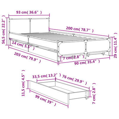 vidaXL gultas rāmis ar atvilktnēm, ozola, 90x200 cm, inženierijas koks