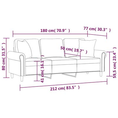 vidaXL trīsvietīgs dīvāns ar spilveniem, tumši pelēks, 180 cm, samts