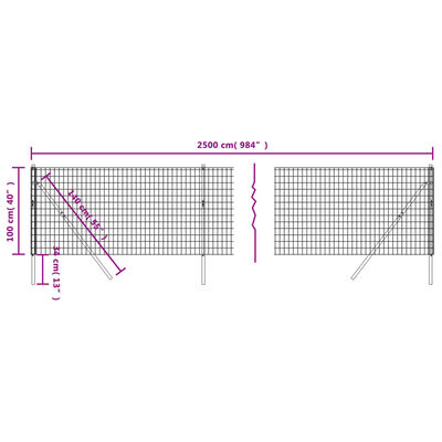 vidaXL stiepļu žogs, pelēks, 1x25 m, cinkots tērauds