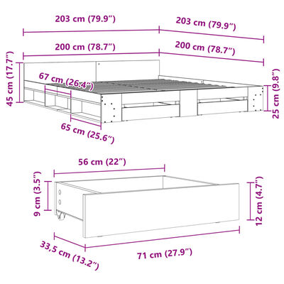 vidaXL gultas rāmis ar atvilktnēm, ozola, 200x200cm, inženierijas koks