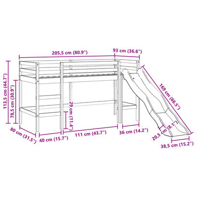 vidaXL bērnu augstā gulta ar tuneli, zila, 80x200 cm, priedes koks