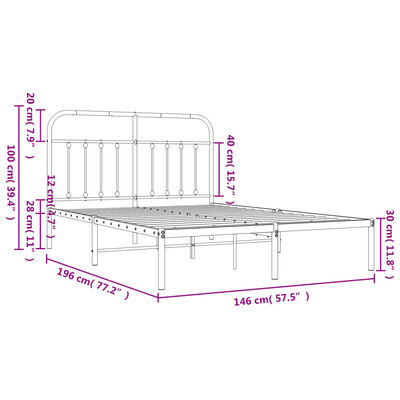 vidaXL gultas rāmis ar galvgali, melns metāls, 140x190 cm