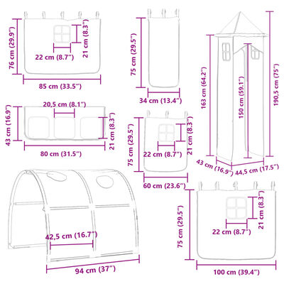 vidaXL augstā gulta ar aizkariem un slidkalniņu zils 80x200 cm priede