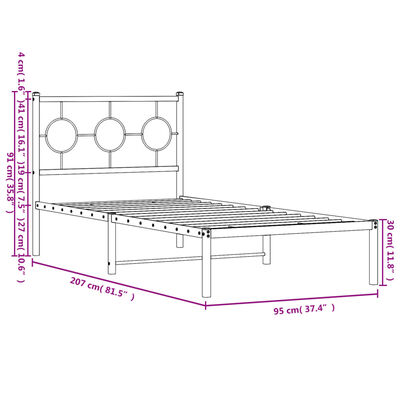 vidaXL gultas rāmis ar galvgali, melns metāls, 90x200 cm