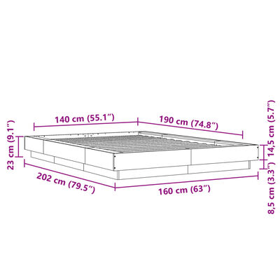 vidaXL gultas rāmis ar LED, brūns, 140x190 cm, inženierijas koks