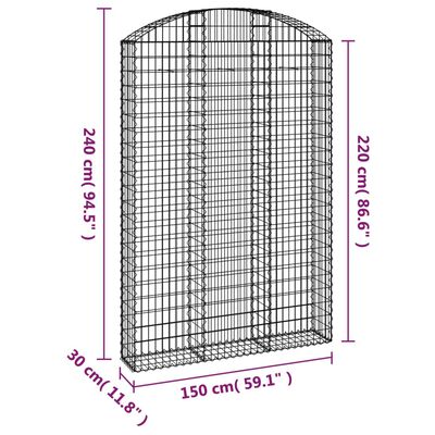 vidaXL arkveida gabiona grozs, 150x30x220/240 cm, cinkota dzelzs