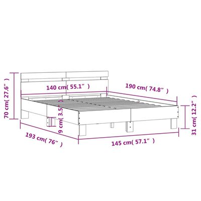 vidaXL gultas rāmis ar galvgali, pelēks, 140x190 cm, inženierijas koks