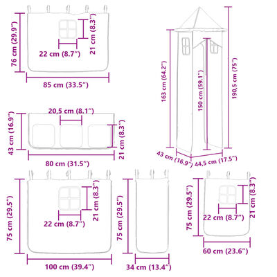 vidaXL augstā gulta ar aizkariem un slidkalniņu rozā 80x200 cm priede