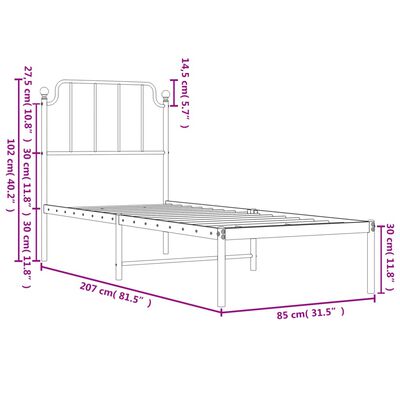 vidaXL gultas rāmis ar galvgali, balts metāls, 80x200 cm