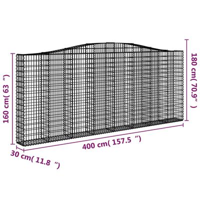 vidaXL arkveida gabiona grozi, 3 gb., 400x30x160/180cm, cinkota dzelzs