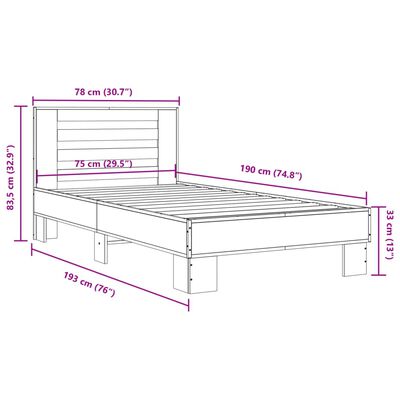 vidaXL gultas rāmis, melns, 75x190 cm, inženierijas koks, metāls