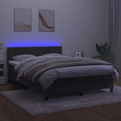 vidaXL atsperu gulta ar matraci, LED, tumši pelēks samts, 140x190 cm