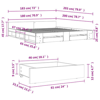 vidaXL gultas rāmis ar atvilktnēm, pelēka ozola, 180x200 cm