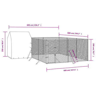 vidaXL suņu voljērs ar jumtu, 6x6x2,5m, cinkots tērauds, sudraba krāsā