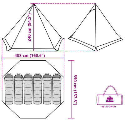 vidaXL ģimenes telts, tipi, 6 personām, zila, ūdensnecaurlaidīga