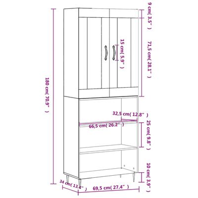 vidaXL augstais skapis, balts, 69,5x34x180 cm, inženierijas koks