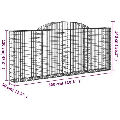 vidaXL arkveida gabiona grozi, 12gb., 300x30x120/140cm, cinkota dzelzs