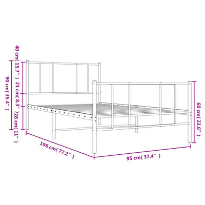 vidaXL gultas rāmis ar galvgali un kājgali, melns metāls, 90x190 cm