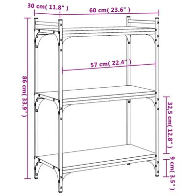 vidaXL grāmatu plaukts, 3 līmeņi, melns, 60x30x86 , inženierijas koks