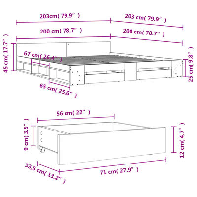 vidaXL gultas rāmis ar atvilktnēm, bez matrača, balts, 200x200 cm