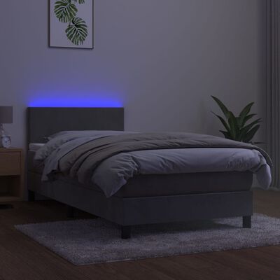 vidaXL atsperu gulta ar matraci, LED, gaiši pelēks samts, 90x200 cm