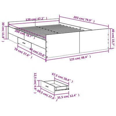 vidaXL gultas rāmis ar atvilktnēm, ozola, 120x200cm, inženierijas koks