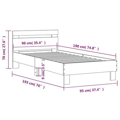 vidaXL gultas rāmis ar galvgali un LED, betona pelēks, 90x190 cm