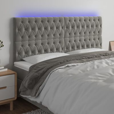 vidaXL gultas galvgalis ar LED, 200x7x118/128 cm, gaiši pelēks samts