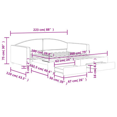 vidaXL izvelkams dīvāns ar atvilktnēm, melns, 100x200 cm, audums