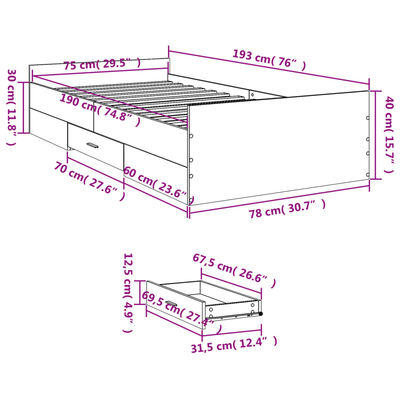 vidaXL gultas rāmis ar atvilktnēm, betona pelēks, 75x190 cm