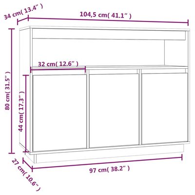 vidaXL kumode, melna, 104,5x34x80 cm, priedes masīvkoks