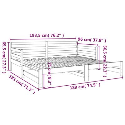 vidaXL izvelkama gulta, pelēka, 2x(90x190) cm, priedes masīvkoks