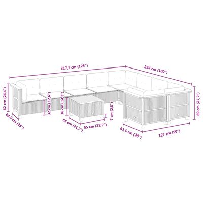 vidaXL 10-daļīgs dārza dīvāna komplekts ar matračiem, pelēks PE pinums