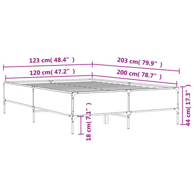 vidaXL gultas rāmis, pelēka ozola 120x200cm, inženierijas koks, metāls