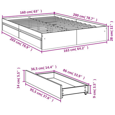 vidaXL gultas rāmis ar atvilktnēm, ozola, 160x200cm, inženierijas koks