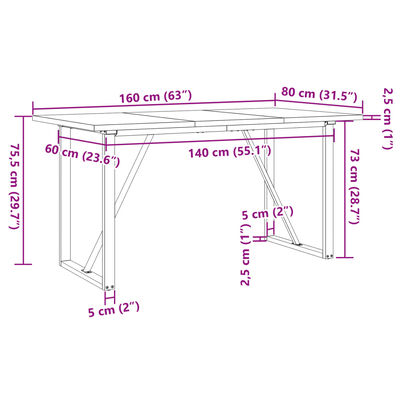 vidaXL virtuves galds, O-rāmis, 160x80x75,5 cm, priedes koks, čuguns