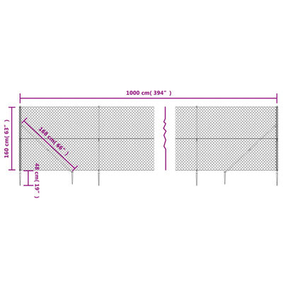 vidaXL stiepļu žogs ar zemes mietiņiem, sudraba krāsā, 1,6x10 m