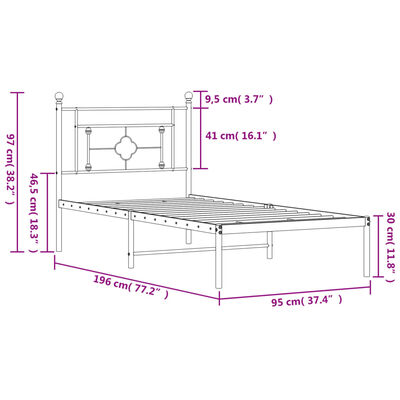 vidaXL gultas rāmis ar galvgali, melns metāls, 90x190 cm