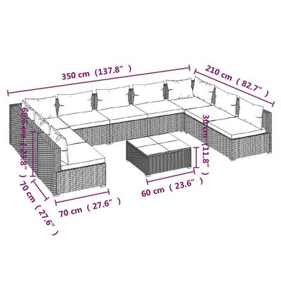 vidaXL 10-daļīgs dārza atpūtas mēbeļu komplekts, melna PE rotangpalma