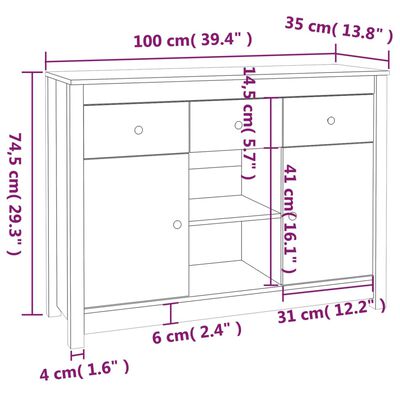 vidaXL kumode, balta, 100x35x74,5 cm, priedes masīvkoks